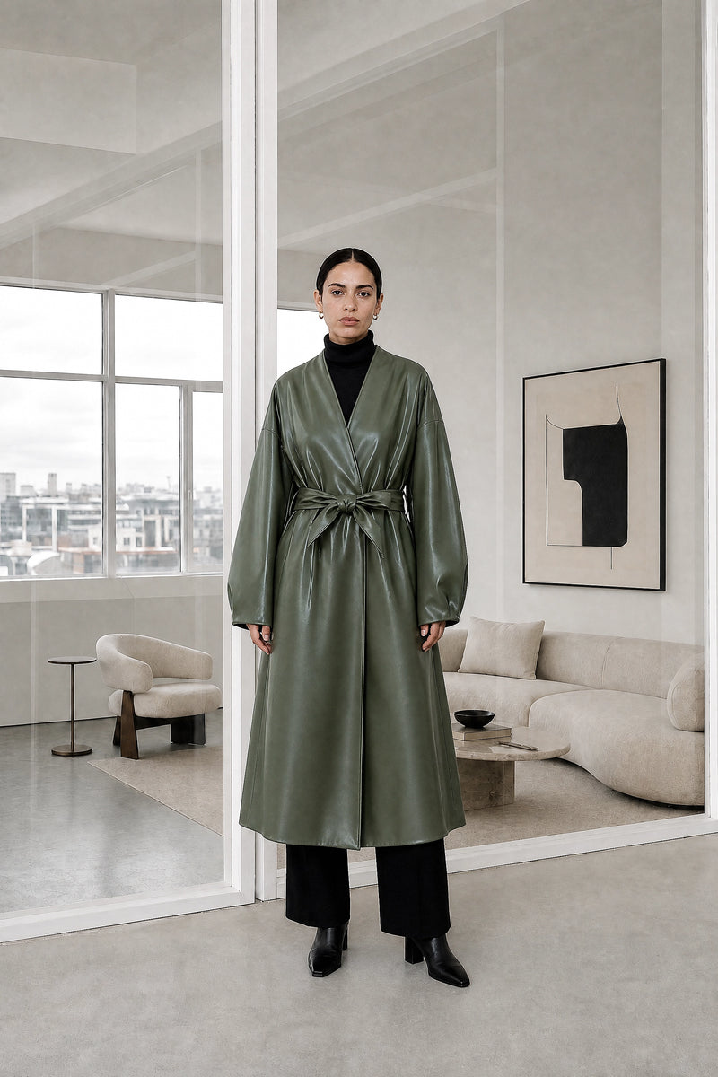 Jaclyn | Faux Leather Wrap Coat in Grass Green, studio front view