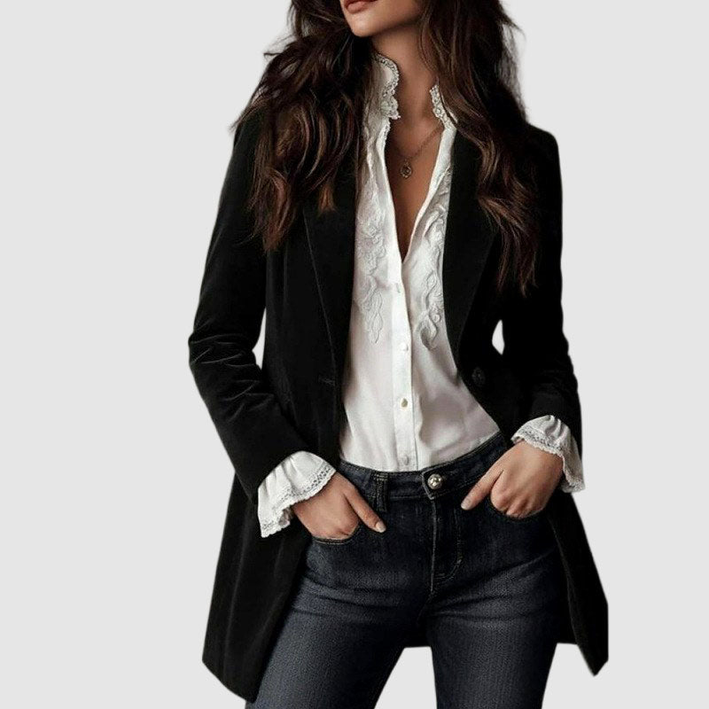 Longline Velvet Blazer for Women with Single Button Closure in Black, front view