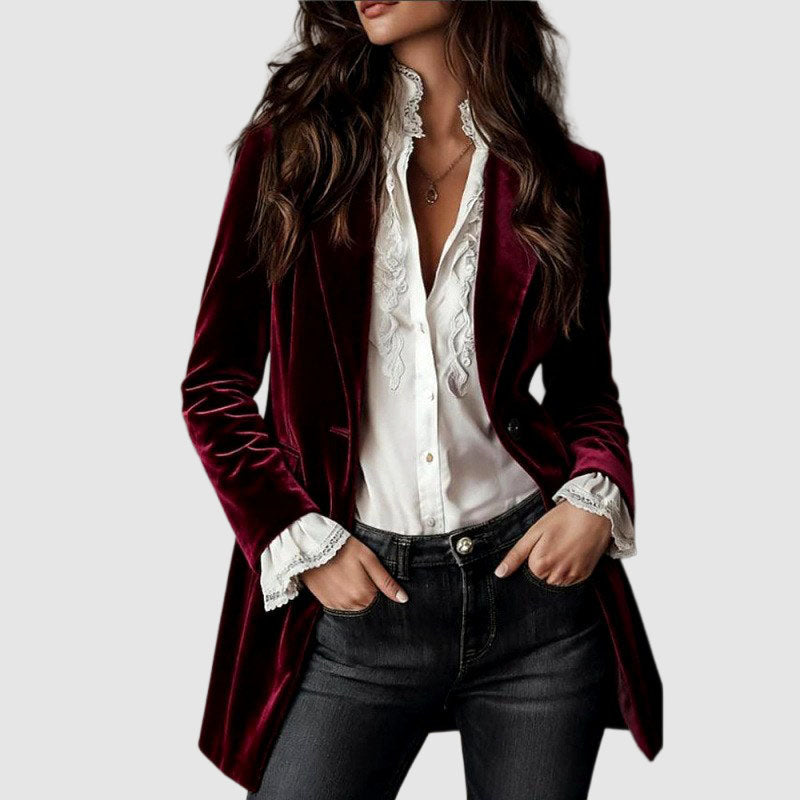 Longline Velvet Blazer for Women with Single Button Closure in Red, front view