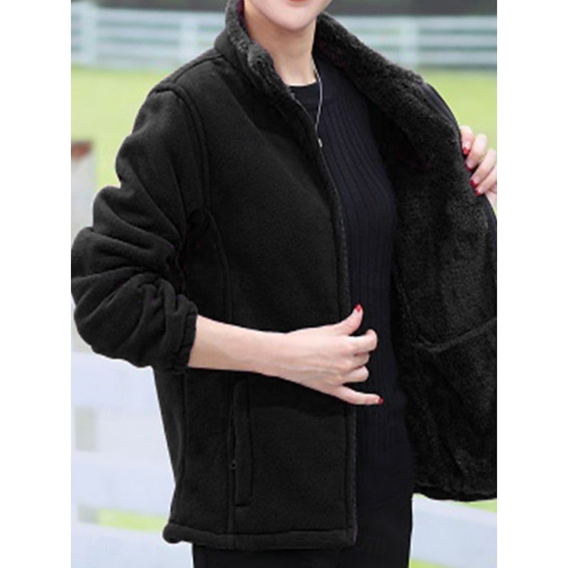 Plush Lined Fleece Jacket for Women with Stand Collar and Full Zip in Black, open front view