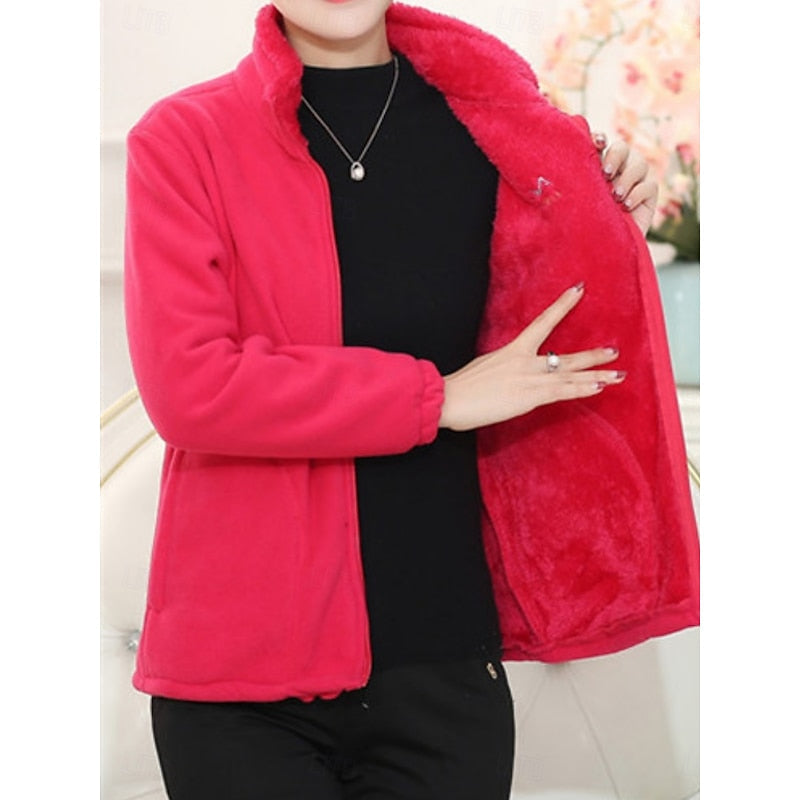 Plush Lined Fleece Jacket for Women with Stand Collar and Full Zip in Red, open front view