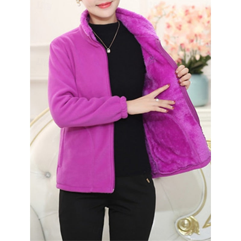 Plush Lined Fleece Jacket for Women with Stand Collar and Full Zip in Purple, open front view