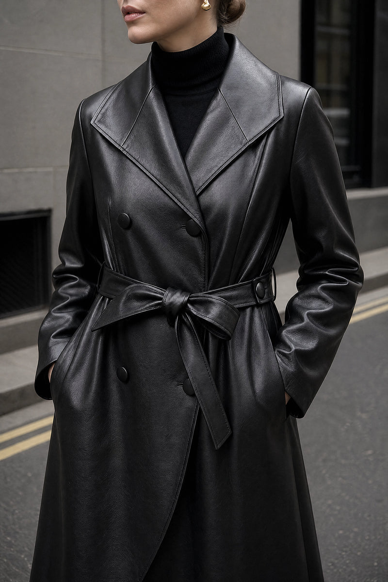 SOFAINE-V7-LIFE-Jamie | Leather Trench Coat in Black, detail close-up
