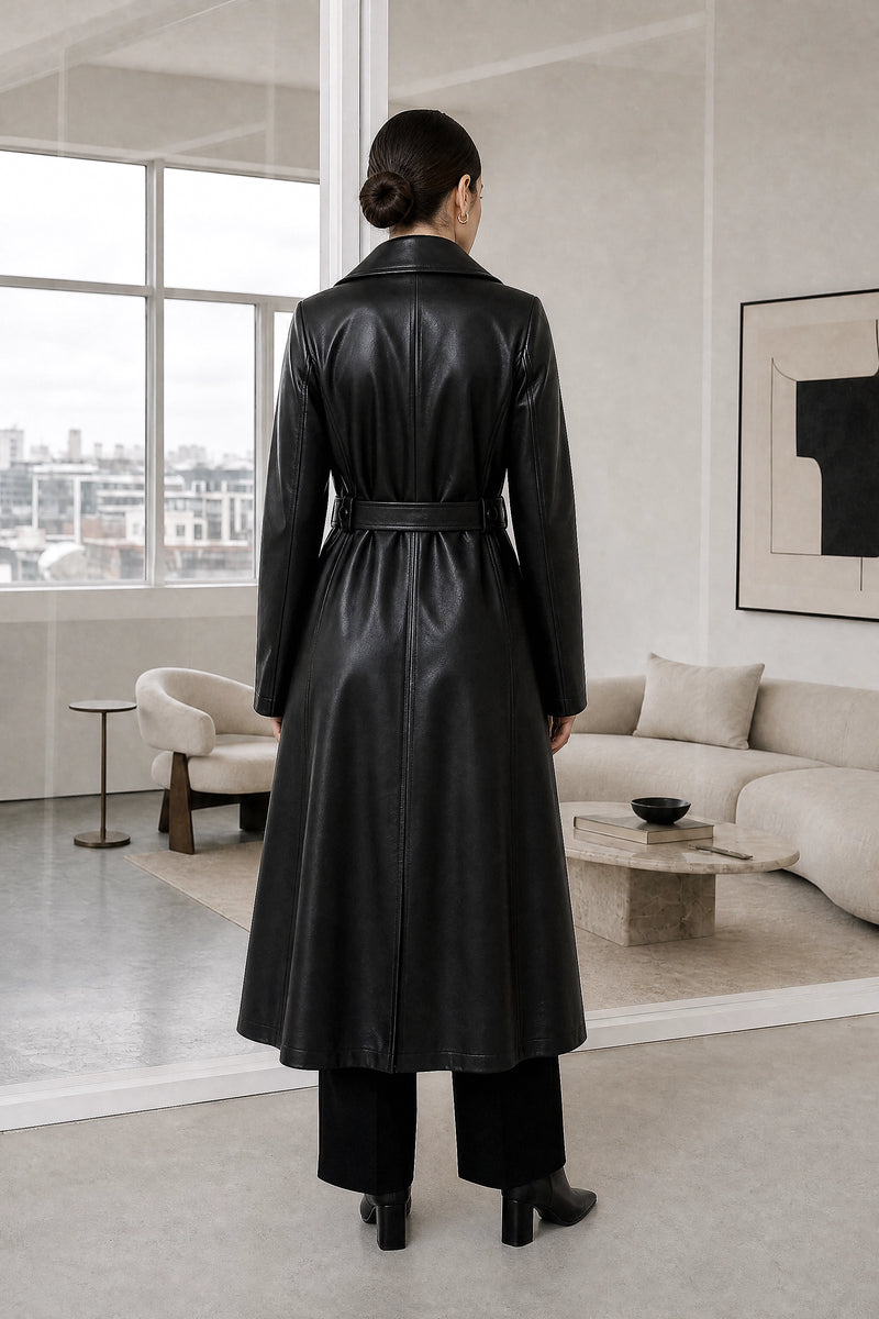 Jamie | Leather Trench Coat in Black, studio back view