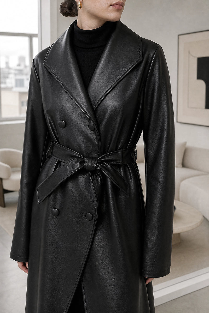Jamie | Leather Trench Coat in Black, fabric close-up
