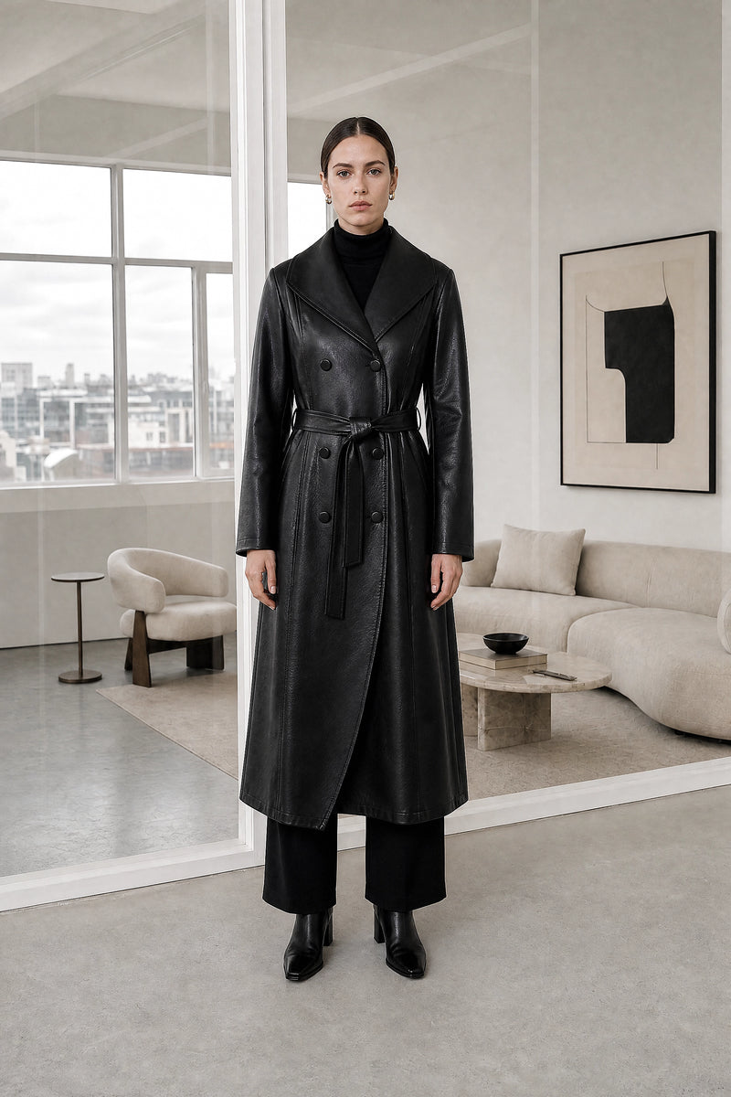 Jamie | Leather Trench Coat in Black, studio front view