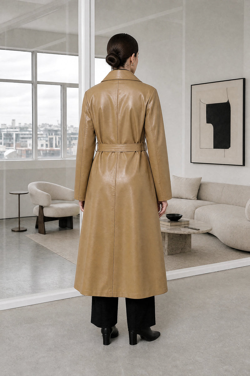 Jamie | Leather Trench Coat in Khaki, studio back view