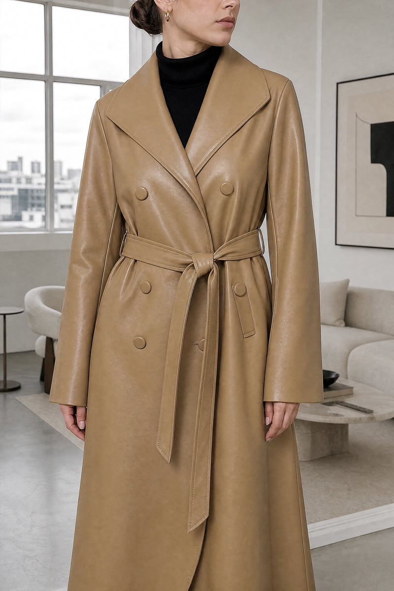 Jamie | Leather Trench Coat in Khaki, fabric close-up
