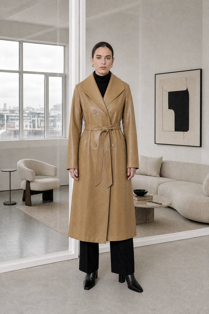 Jamie | Leather Trench Coat in Khaki, studio front view