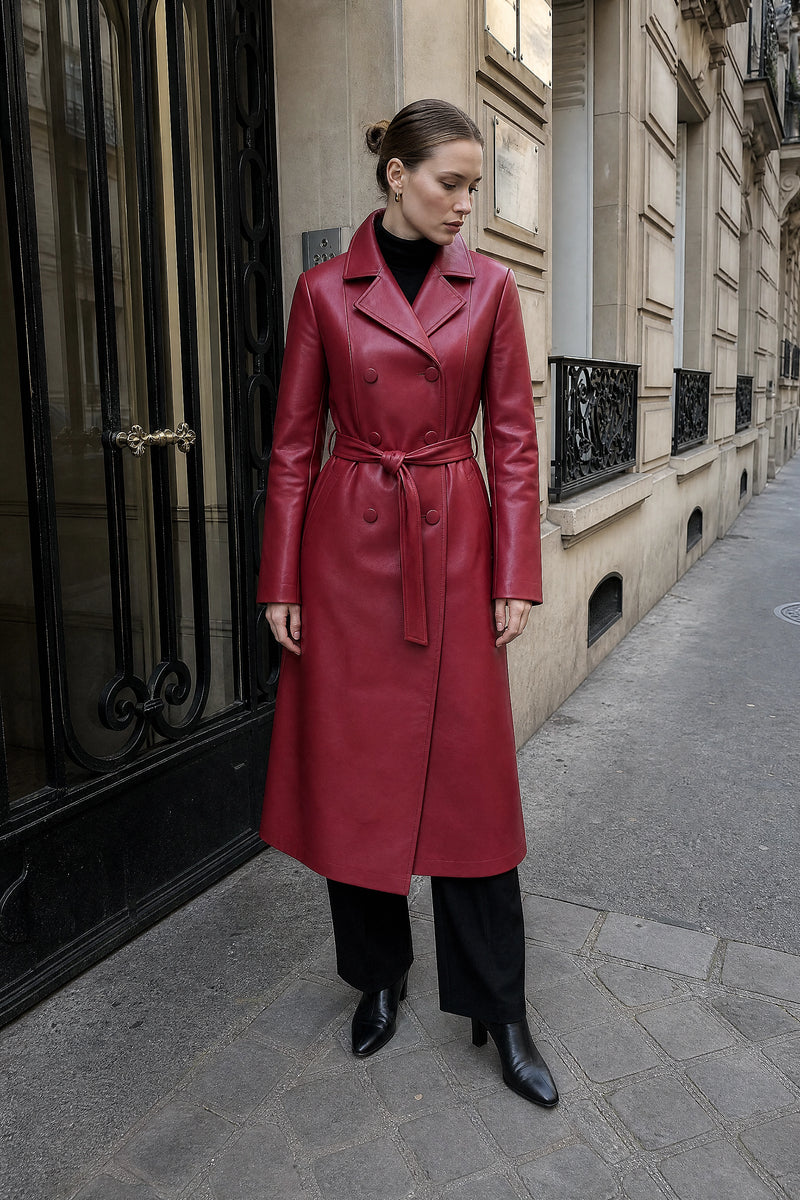 SOFAINE-V7-LIFE-Jamie | Leather Trench Coat in Red, street-style view