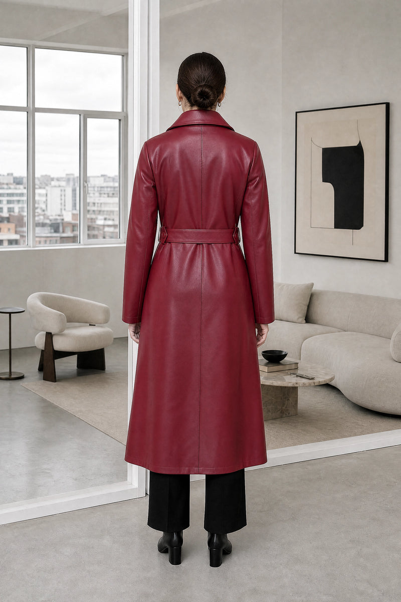 Jamie | Leather Trench Coat in Red, studio back view