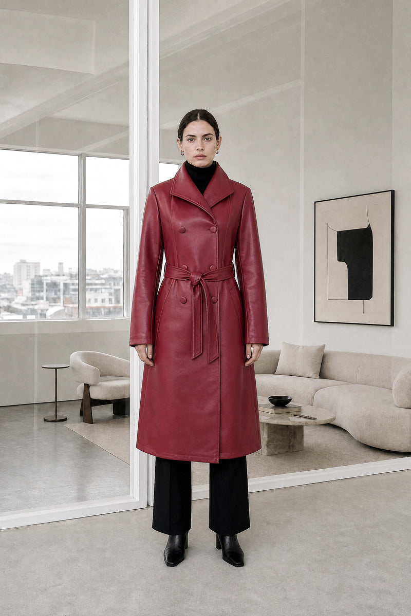Jamie | Leather Trench Coat in Red, studio front view
