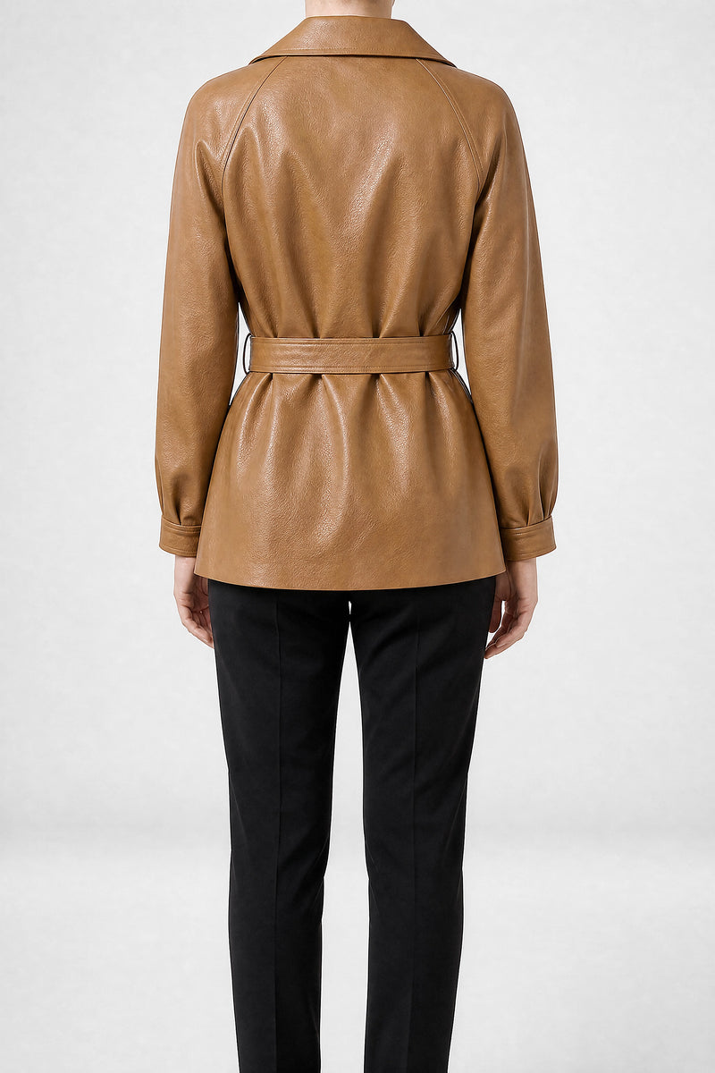 Sofaine Janelle women's belted vegan leather jacket in Butterscotch, back view
