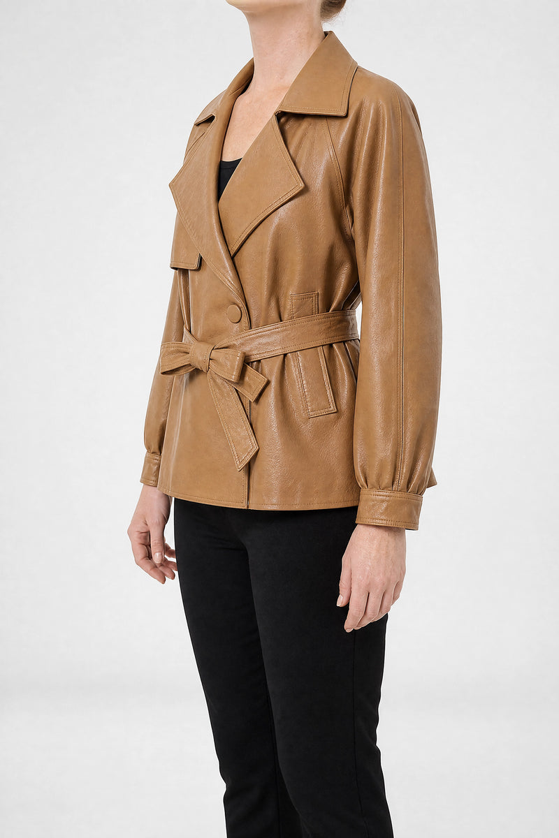 Sofaine Janelle women's belted vegan leather jacket in Butterscotch, side view