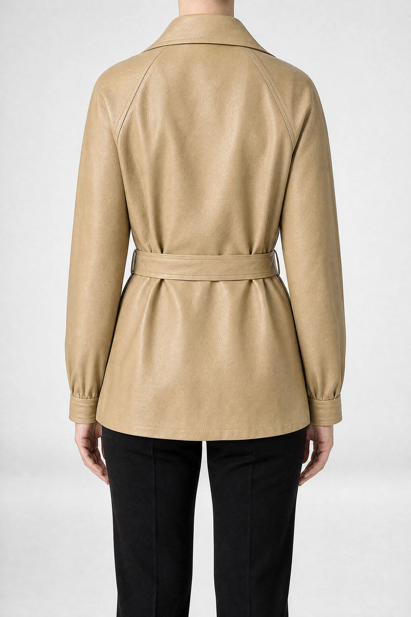 Sofaine Janelle women's belted vegan leather jacket in Creamy Beige, back view