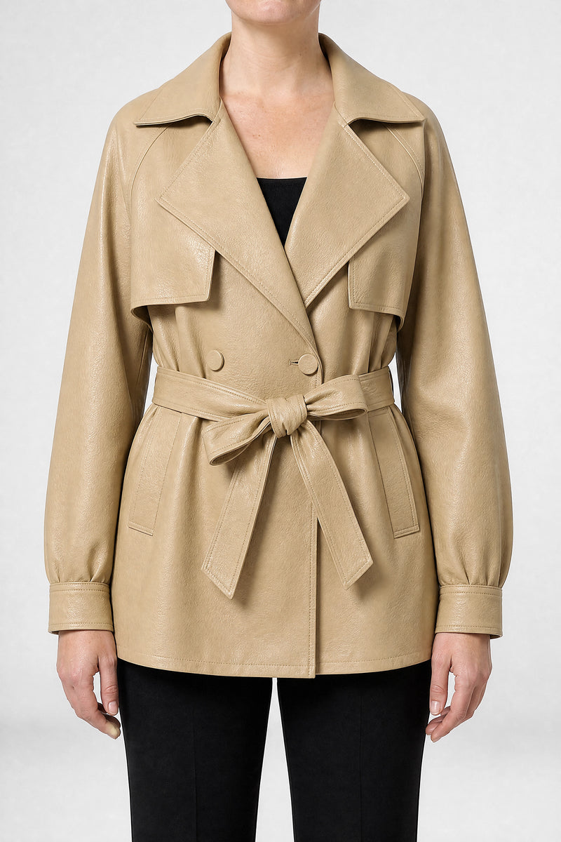 Sofaine Janelle women's belted vegan leather jacket in Creamy Beige, front view