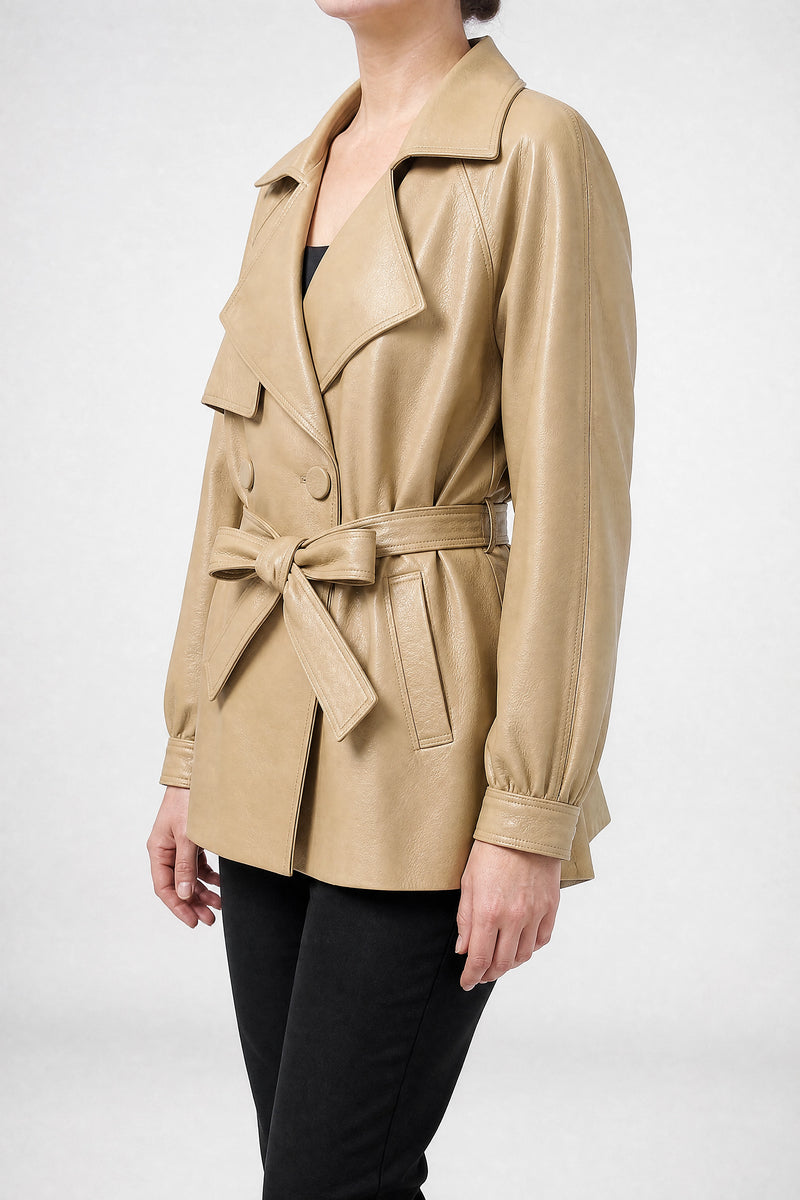 Sofaine Janelle women's belted vegan leather jacket in Creamy Beige, side view