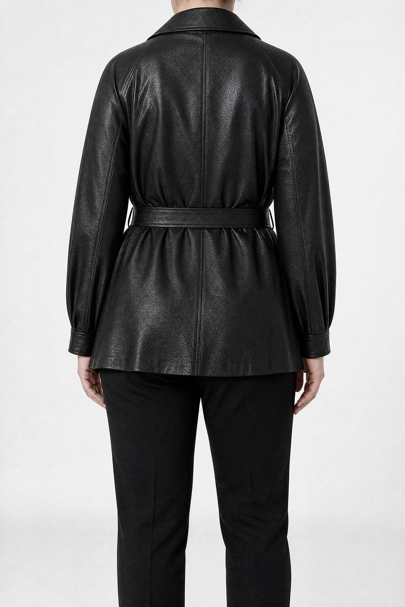 Sofaine Janelle women's belted vegan leather jacket in Jet Black, back view
