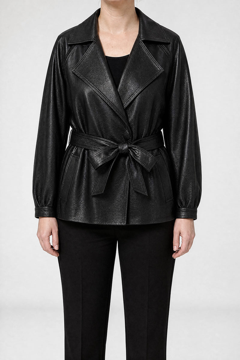 Sofaine Janelle women's belted vegan leather jacket in Jet Black, front view