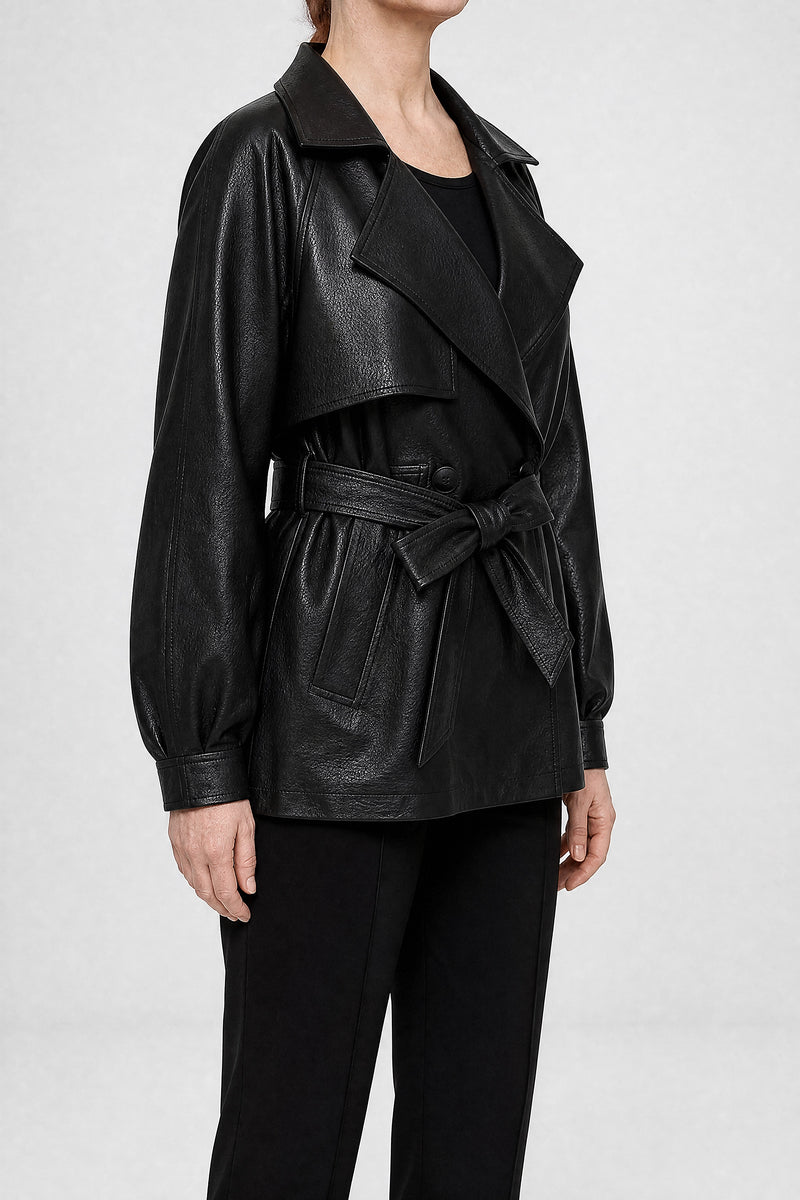 Sofaine Janelle women's belted vegan leather jacket in Jet Black, side view