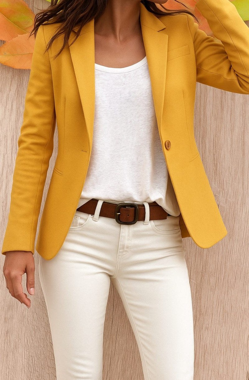 Single Button Blazer for Women with Notched Lapels and Flap Pockets in Yellow, front view