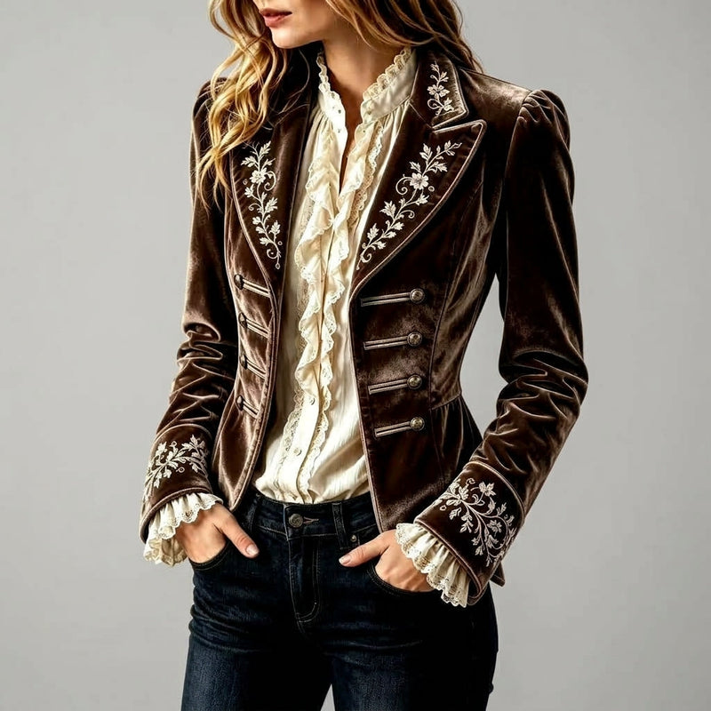 Military Velvet Blazer for Women with Floral Embroidery and Bar Closures in Dark Brown, front view