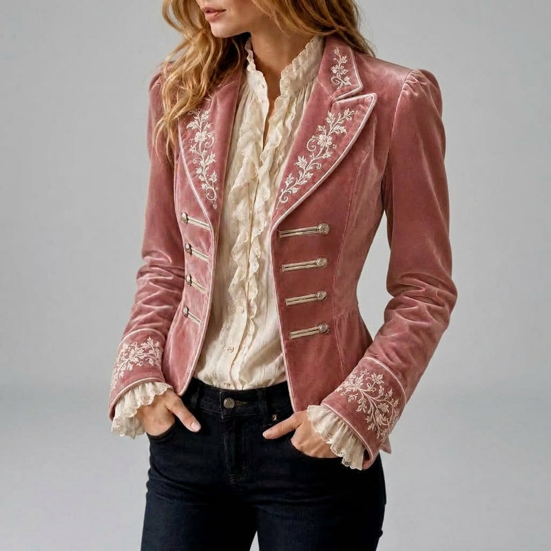 Military Velvet Blazer for Women with Floral Embroidery and Bar Closures in Pink, front view