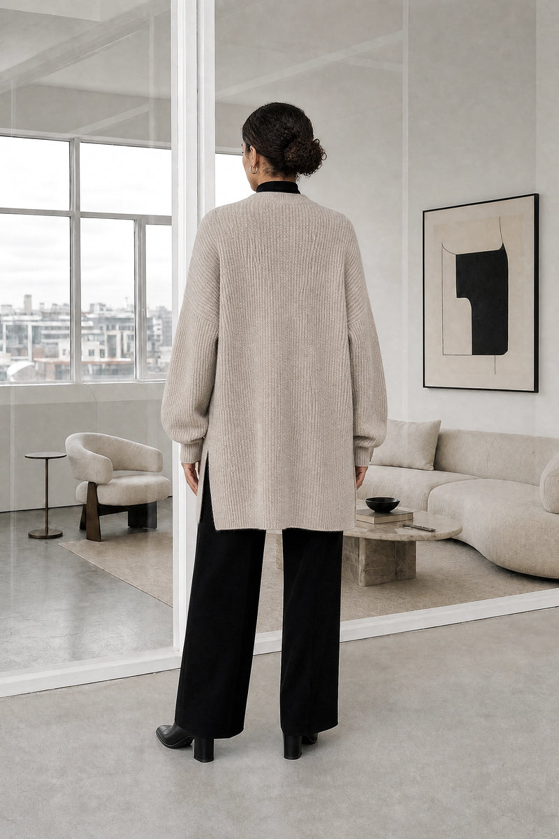 Jasmine | Cashmere-Feel Cardigan in Beige, studio back view