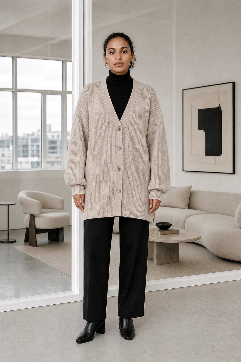 Jasmine | Cashmere-Feel Cardigan in Beige, studio front view