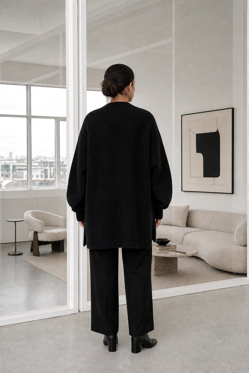 Jasmine | Cashmere-Feel Cardigan in Black, studio back view