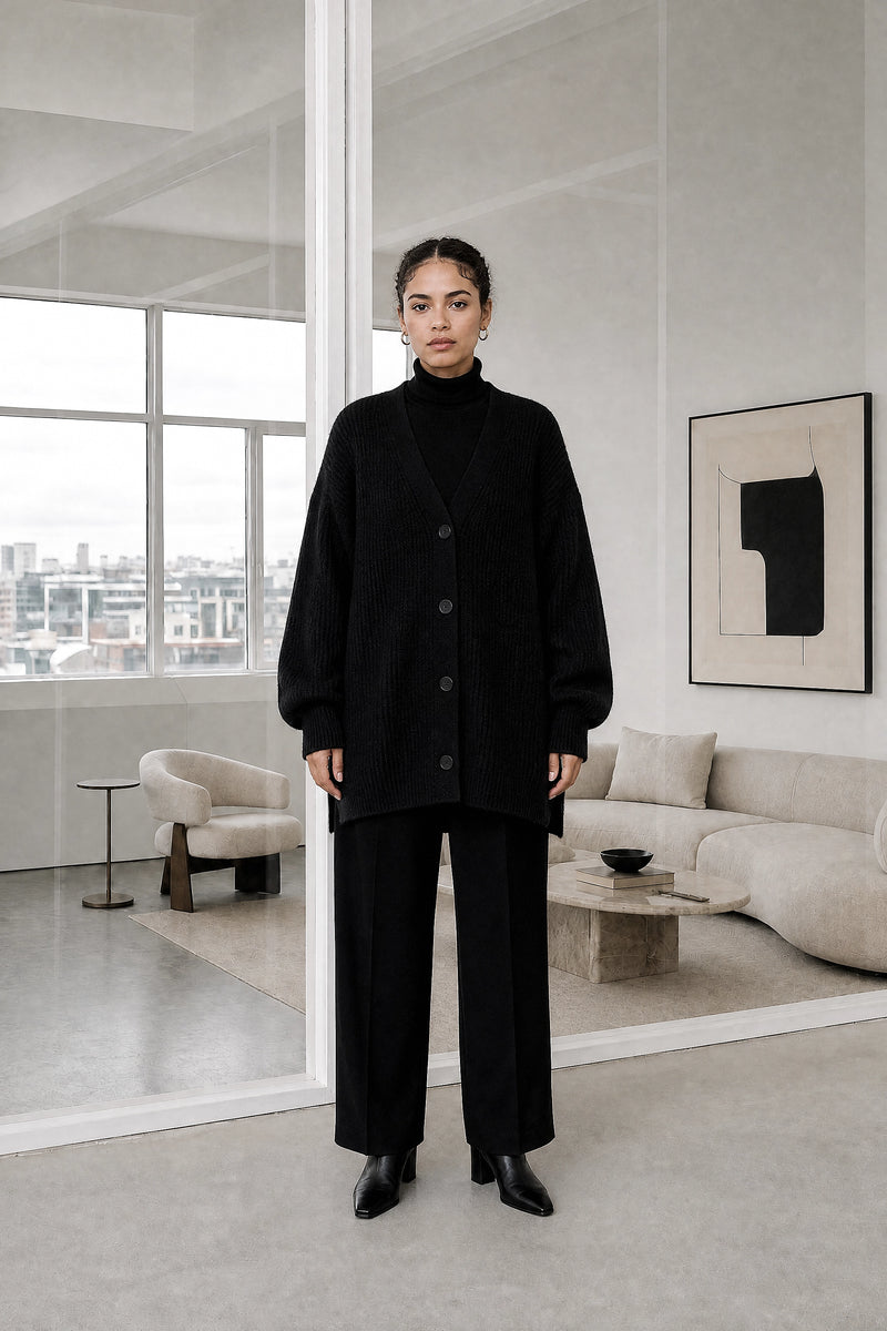 Jasmine | Cashmere-Feel Cardigan in Black, studio front view