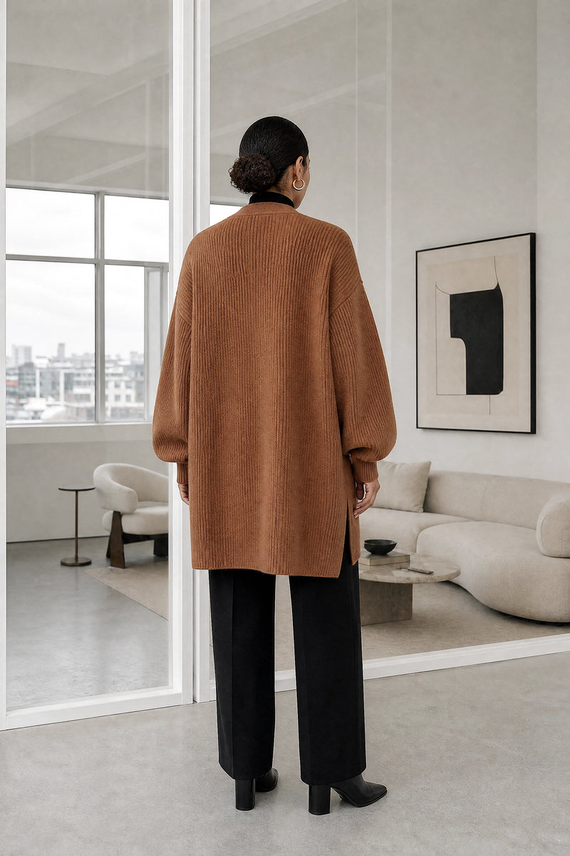 Jasmine | Cashmere-Feel Cardigan in Brown, studio back view