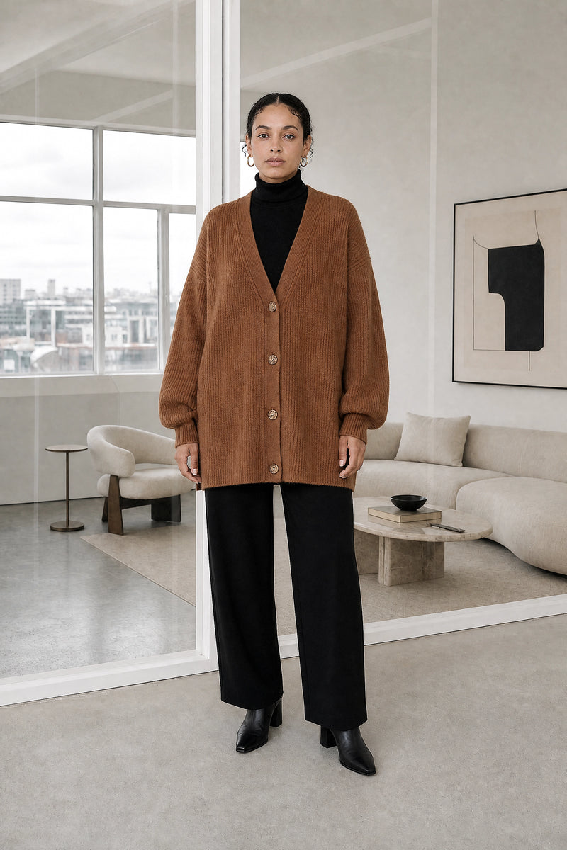 Jasmine | Cashmere-Feel Cardigan in Brown, studio front view