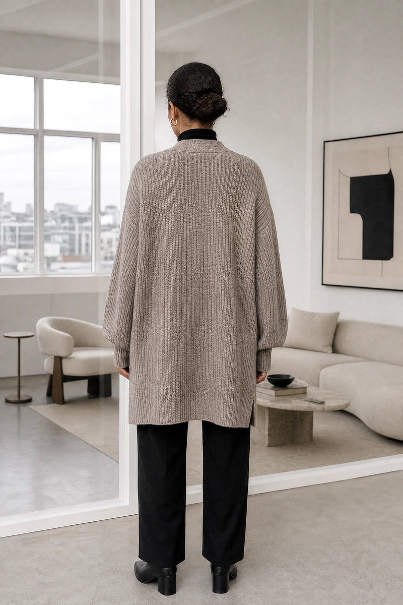 Jasmine | Cashmere-Feel Cardigan in Gray, studio back view