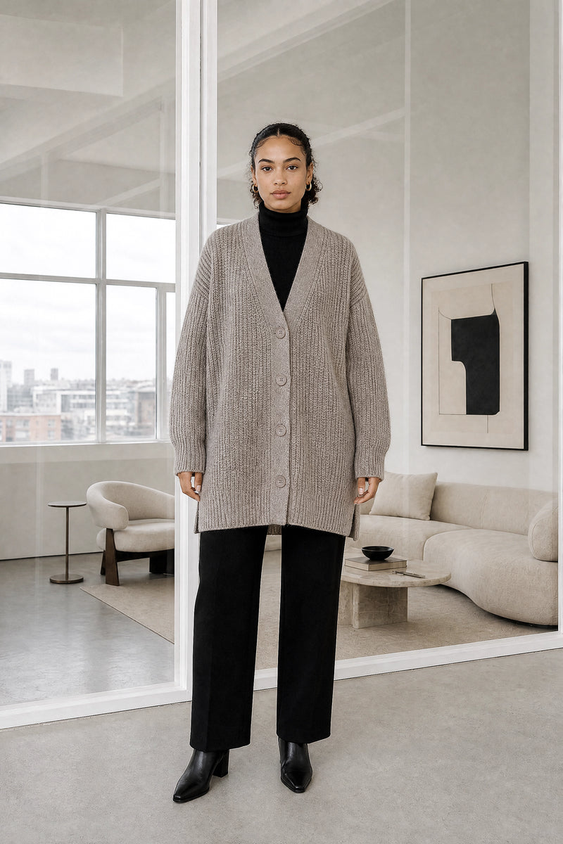 Jasmine | Cashmere-Feel Cardigan in Gray, studio front view