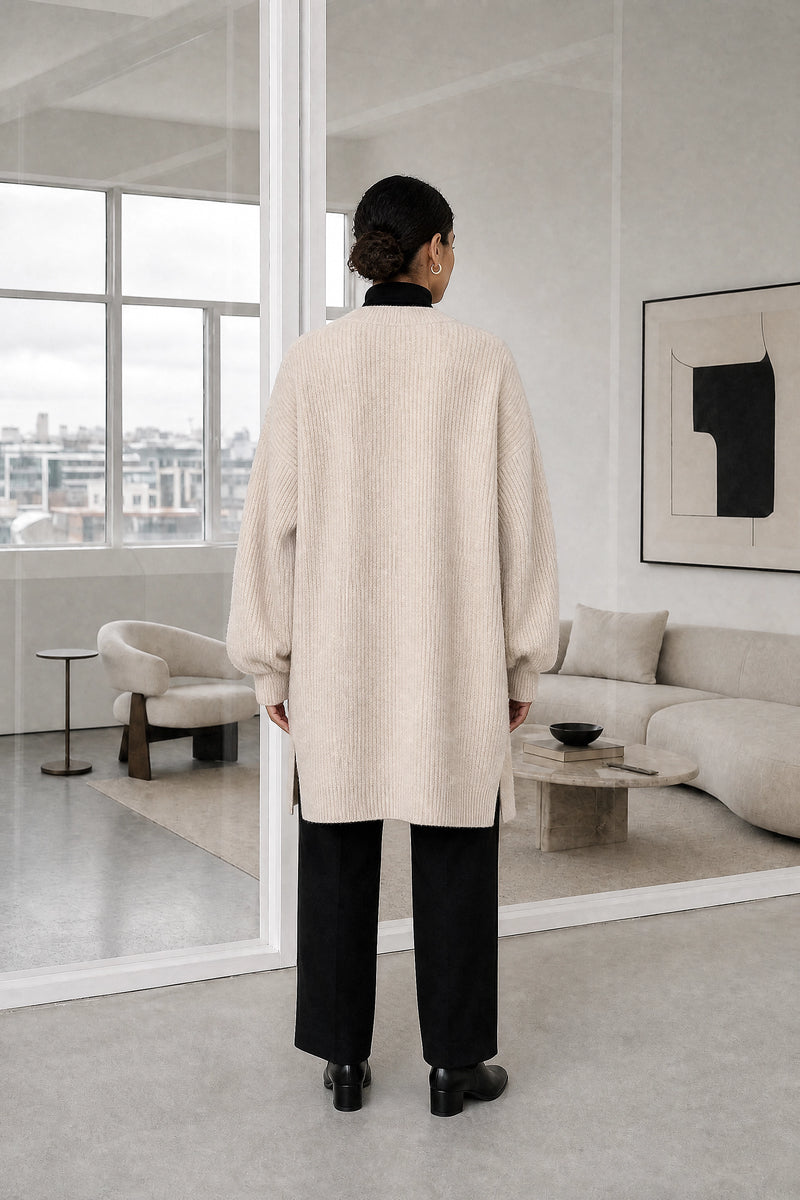 Jasmine | Cashmere-Feel Cardigan in Off-white, studio back view