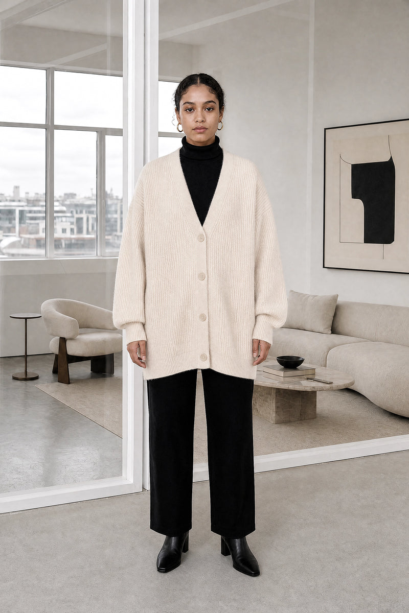 Jasmine | Cashmere-Feel Cardigan in Off-white, studio front view