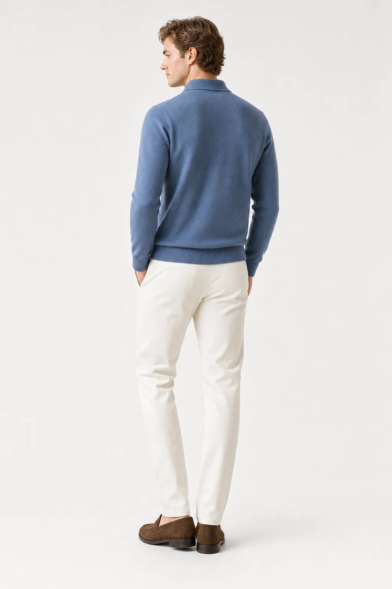 Sofaine Jacob merino wool polo sweater in Blue, worn back