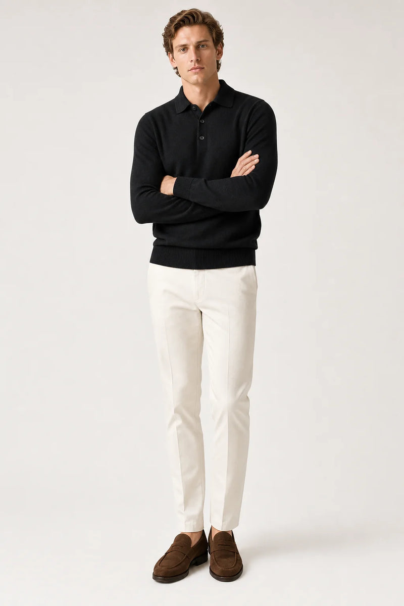 Sofaine Jacob merino wool polo sweater in Black, worn front