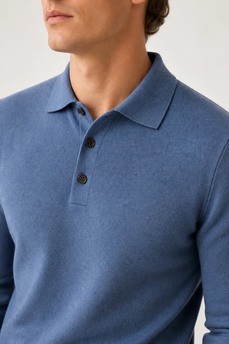 Sofaine Jacob merino wool polo sweater in Blue, collar placket detail