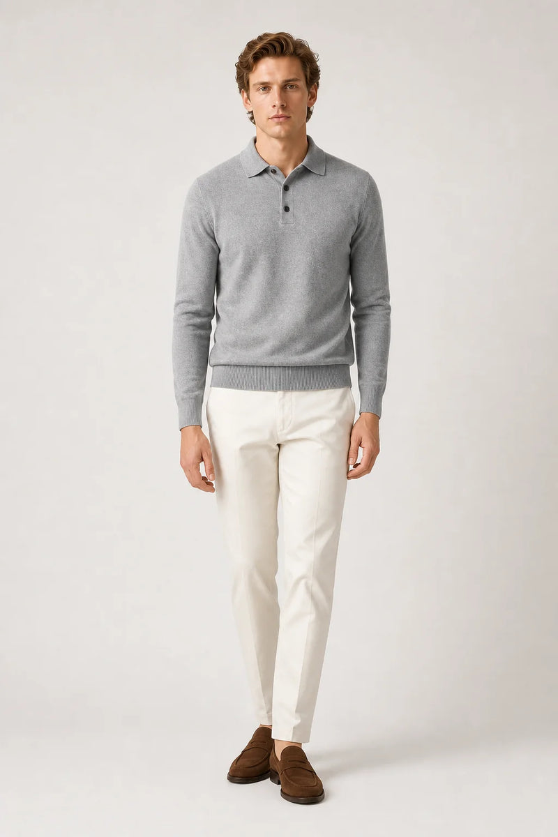 Sofaine Jacob merino wool polo sweater in Gray, worn front