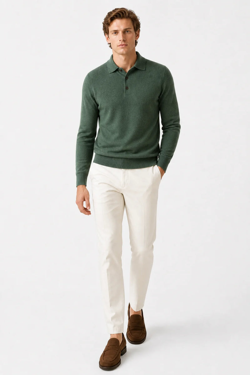 Sofaine Jacob merino wool polo sweater in Green, worn front