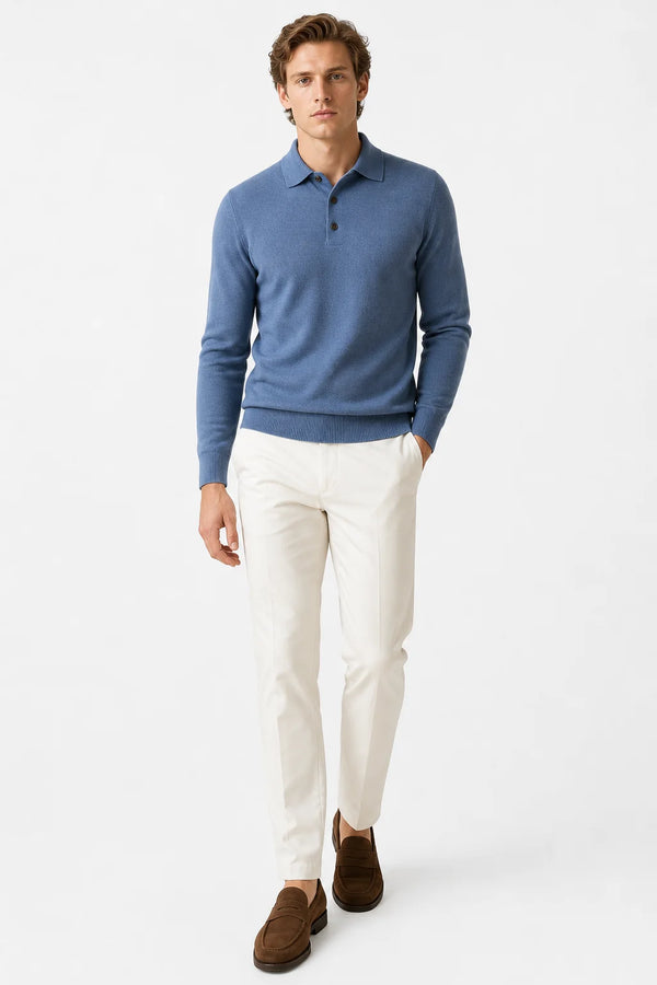 Sofaine Jacob merino wool polo sweater in Blue, worn front hero