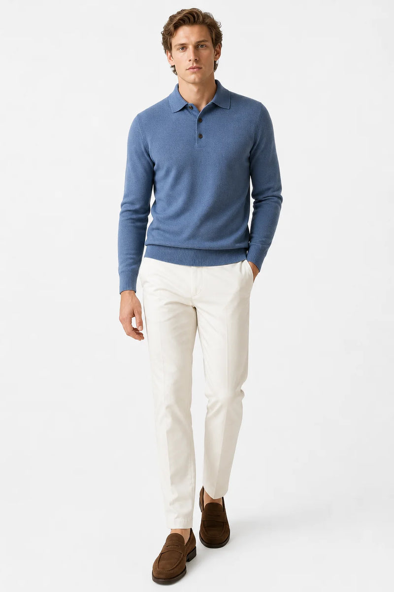 Sofaine Jacob merino wool polo sweater in Blue, worn front hero