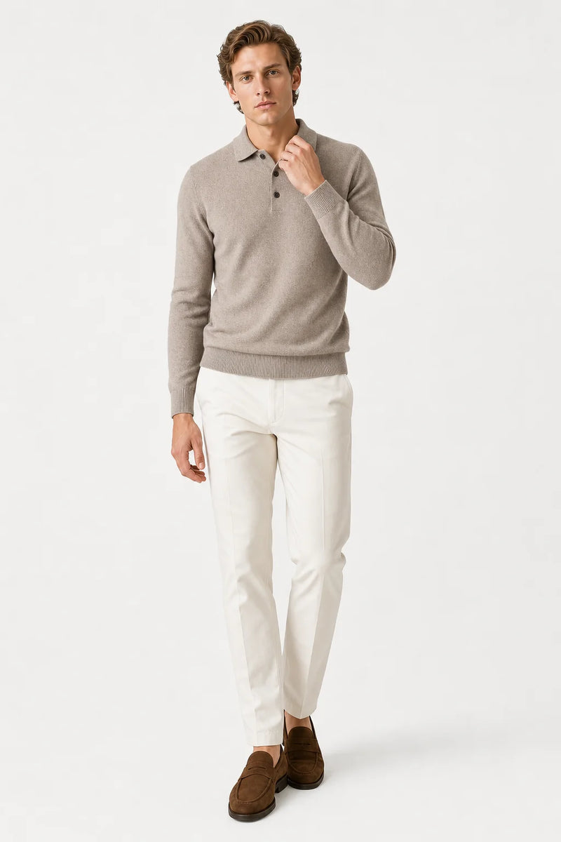 Sofaine Jacob merino wool polo sweater in Khaki, worn front