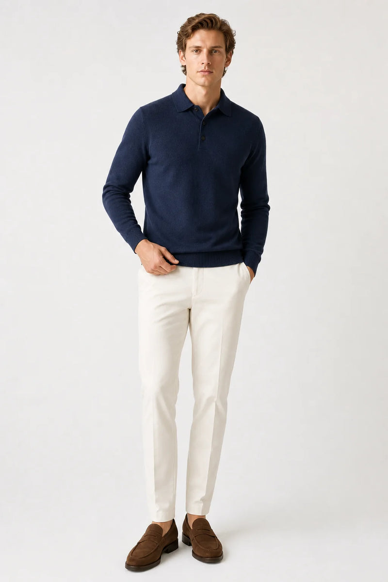 Sofaine Jacob merino wool polo sweater in Navy Blue, worn front