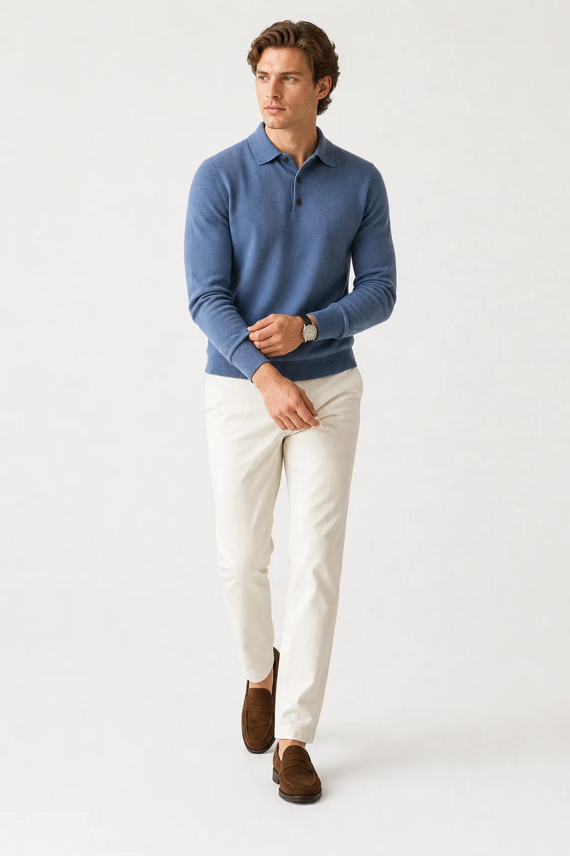 Sofaine Jacob merino wool polo sweater in Blue, styled full look