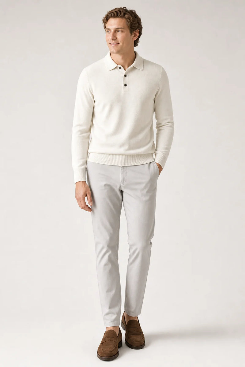 Sofaine Jacob merino wool polo sweater in White, worn front