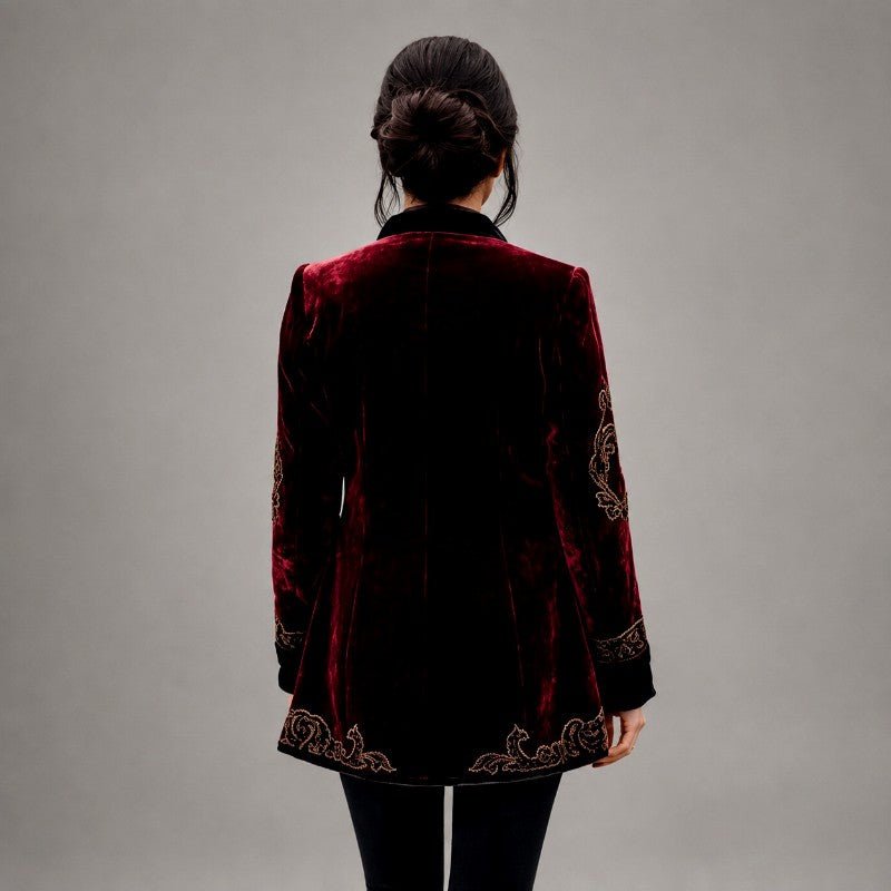 Longline Embroidered Velvet Blazer for Women with Structured Shoulders in Red, back view