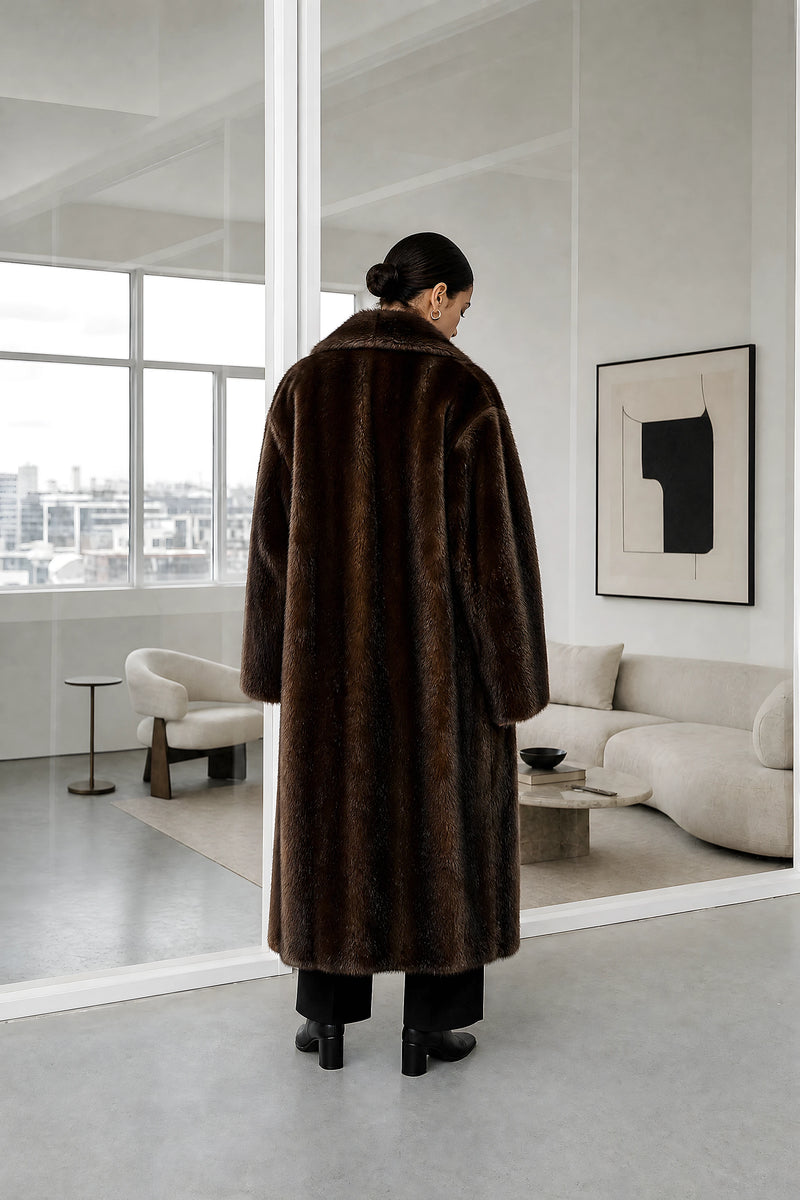 Jeanette | Faux Fur Coat in Brown, studio back view